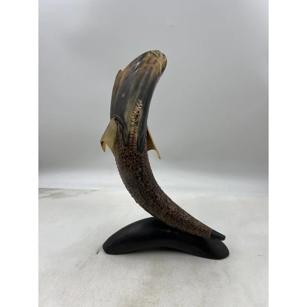 Vintage Hand Carved Ox Horn Fish Sculpture Folk Art 13